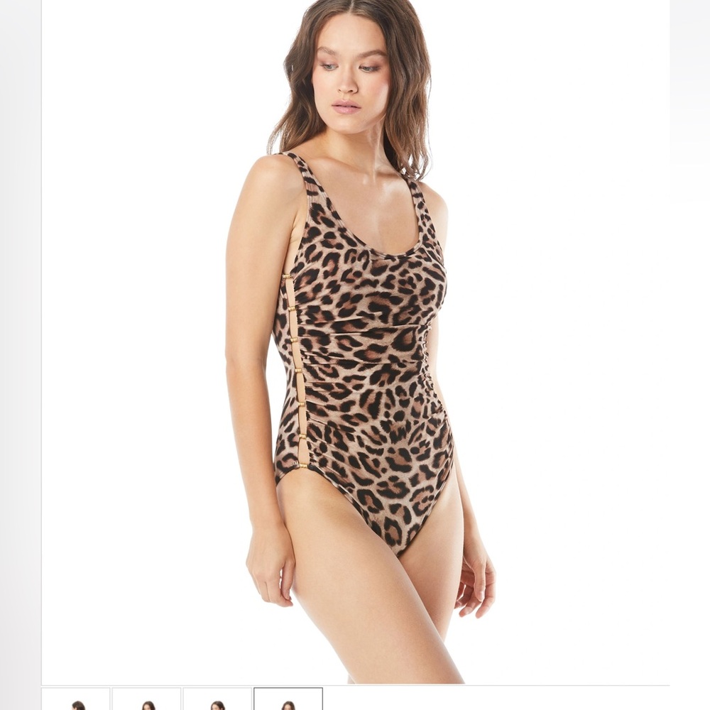 Carmen Marc Valvo U-Back Side-Zip One-Piece Swimsuit Leopard Sz 14